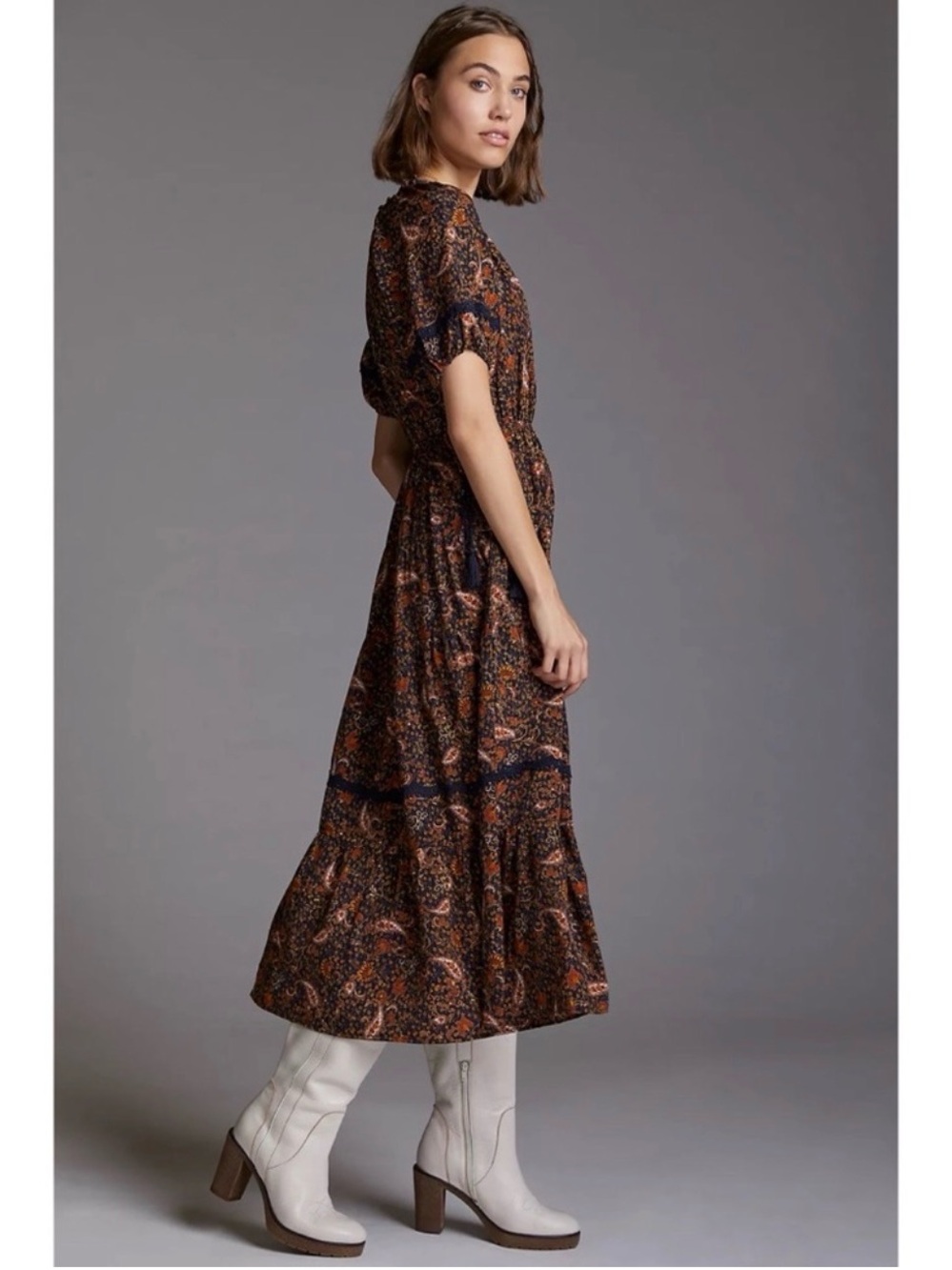 Anthropologie By The River Dress Womens Medium Blue Paisley Peasant Boho Cottage